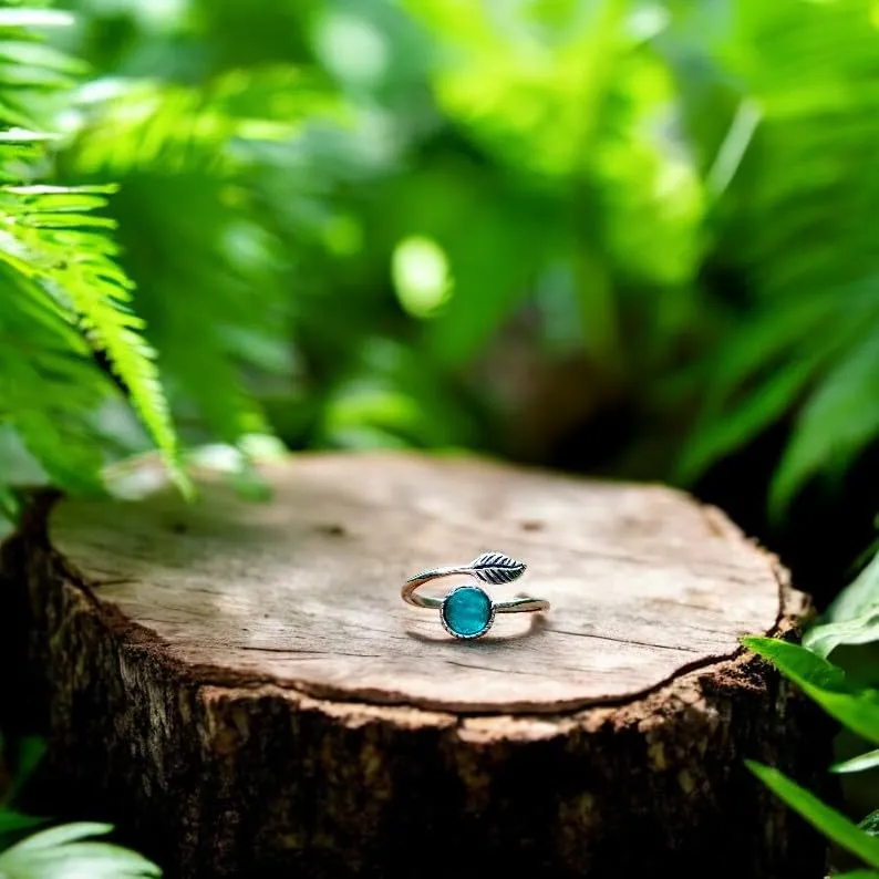 Bottled Up Designs Handmade Vintage Leaf Ring, Recycled Vintage Aqua Mason Jar, Sterling Silver, Eco Friendly, Made in USA, Birthday Gifts, Mothers Day, Women, Anniversary (Aqua)