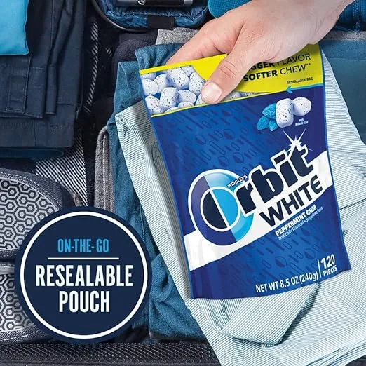 ORBIT Gum WHITE Peppermint Sugar Free Chewing Gum, 8.5 Ounces Resealable Bag 120 Pieces (8 Pack)