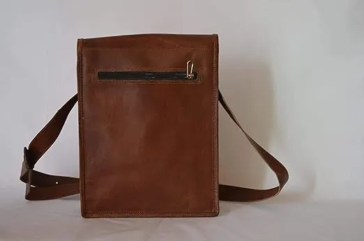 Leather crossbody bag messenger satchel tablet bag 11 inches for men and women by KPL (Brown)