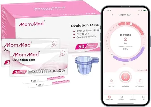 MomMed Ovulation Test Strips, 50 LH Ovulation Predictor Kit with 50 Collection Cups, Accurately Track Ovulation Test, High Sensitivity Result for Women Home Testing
