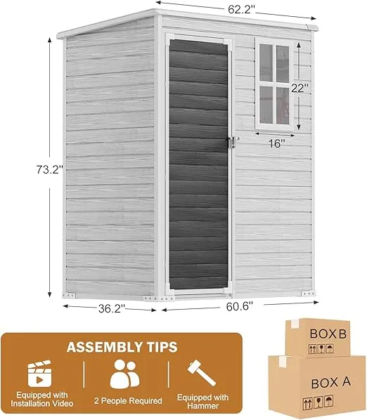 Outdoor Resin Storage Shed with Floor, 5x3 FT Plastic Sheds Kit, Waterproof Outside Shelter for Garden Backyard Patio Lawn Tools, Gray