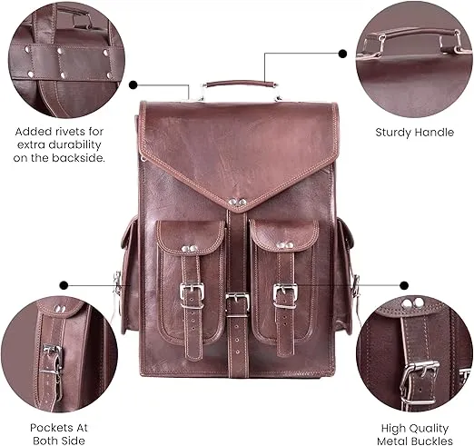 Handmade World Brown Vintage Leather Backpack Laptop Messenger Bag Rucksack Sling for Men Women (11" x 15")
