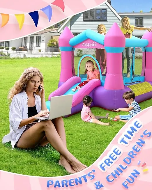 AirMyFun Pink Inflatable Toddler Bounce House with Blower, Indoor/Outdoor Jumping Castle for Kids 3-8, Inflatable Bouncy House with Slide, 82011B