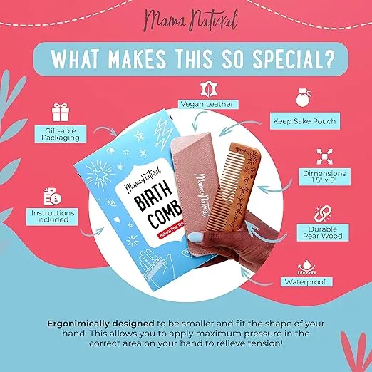 Mama Natural Birthing Comb for Labor Pain Relief | Wood Comb for Women - Labor Essentials, Pregnancy Contraction, and Postpartum Support | Reusable, Giftable, Acupressure Relief Tool