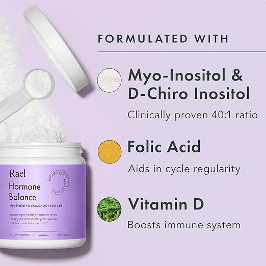 Rael Hormone Balance for Women, Myo Inositol Powder - Myo-Inositol & D-Chiro Inositol Supplement, Menstrual & Ovarian Function, Vitamin B8, 40:1 Ratio, Folic Acid, Vegan (30 Day Supply)