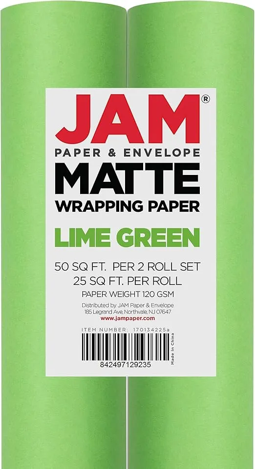 JAM Paper Gift Wrap - Matte Wrapping Paper - 50 Sq Ft Total (30 in x 10 Ft Each) - Matte Lime Green - 2 Rolls/Pack