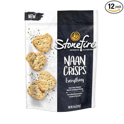 Stonefire Authentic Flatbreads Naan Crisps, Everything, Perfect for Snacking & Dipping, 6 Ounce (Pack of 12)