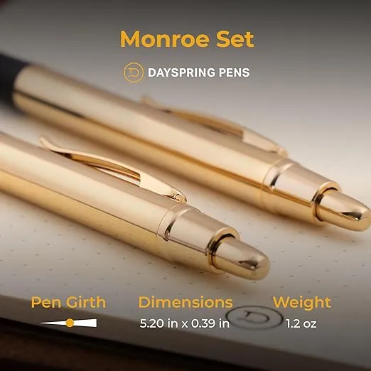 Dayspring Pens Gold Pen Set | Monroe Ballpoint and 0.7mm Pencil Set in 18 Karat Gold Plated Finish. Experience Affordable Luxury.