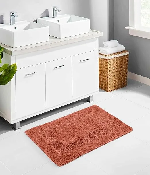 COTTON CRAFT Luxurious Bath Mat Rug - Set of 2 Reversible Heavyweight Step Out Bath Mats for Bathroom Floor, Tub and Shower - Pure Cotton Soft Plush Absorbent Tufted Racetrack Mat - 17 x 24 in - Coral