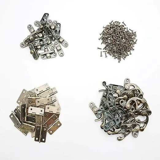 40pcs Small Box Hinges, 20 Sets Antique Right Latch Hook Hasp Wood Jewelry Box Hasp Catch Decoration with 240 Pieces Replacement Screws - Bronze Tone