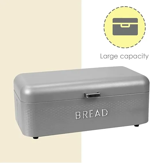 Home Basics Soho Bread Box For Kitchen Countertop, Metal, (Grey), Vented With Hinge Top | Large Bread Box | Keeps Loaves, Bagels, Croissants Fresh