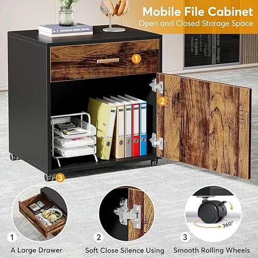 Tribesigns 70.8" L-Shaped Executive Desk with Drawer Cabinet, Large Executive Office Desk with Separate File Cabinet, Home Office Desk Workstation Business Furniture Set, Rustic Brown