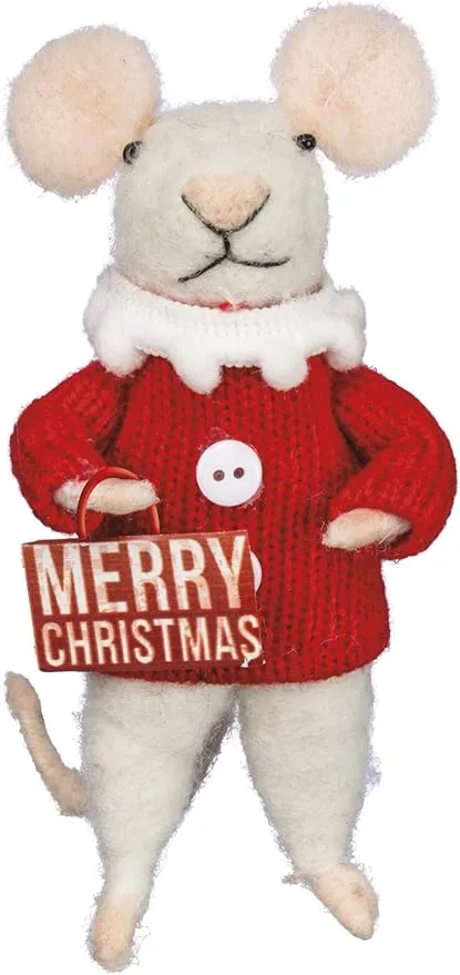 Primitives by Kathy Critter-Merry Mouse, 4 inches Tall, Gray, Red