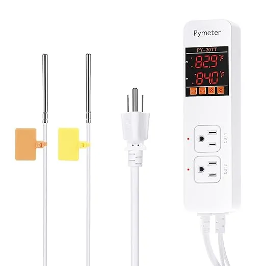 Dual Probe Plug in Temperature Controller Heat Mat Thermostat Reptile Temp Controlled Outlet for Terrarium, Aquarium, Brewing, Seedling, Germination and Greenhouse