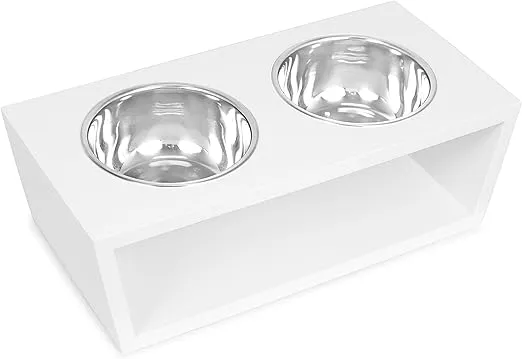INTERNET'S BEST Modern Elevated Pet Feeder - Double Raised Stand w/Stainless Steel Bowls - Dog Food & Water Holder - Suitable for Medium Breeds - Pet Feeding Tray for Dogs, Cats - 2 Bowls - White