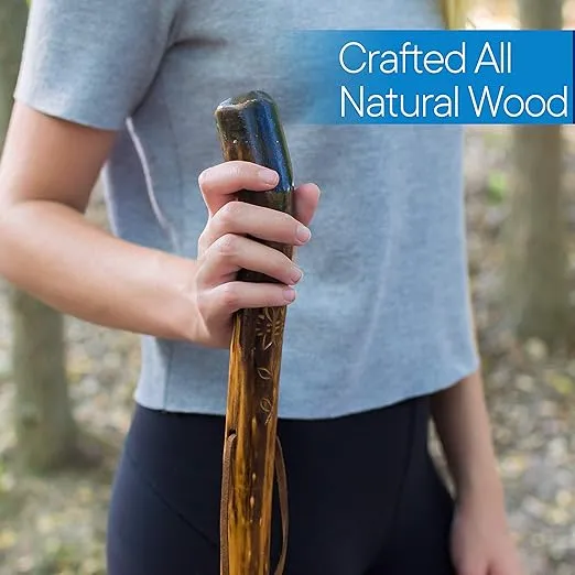 RMS Nature Wood Walking Stick - Wooden Hiking Stick and Trekking Pole with Leather Wrist Strap