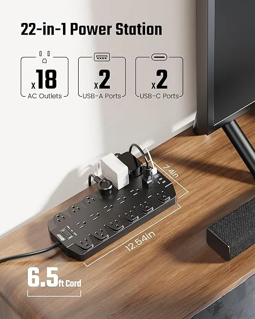 Surge Protector Power Strip, SUPERDANNY 18 AC Outlets with 4 USB Ports, 1875W/15A, 2100J, 6.5FT Flat Plug Heavy Duty Extension Cord with Wall Mount Holes for Home, Office, Gaming Room,Dorm, Black