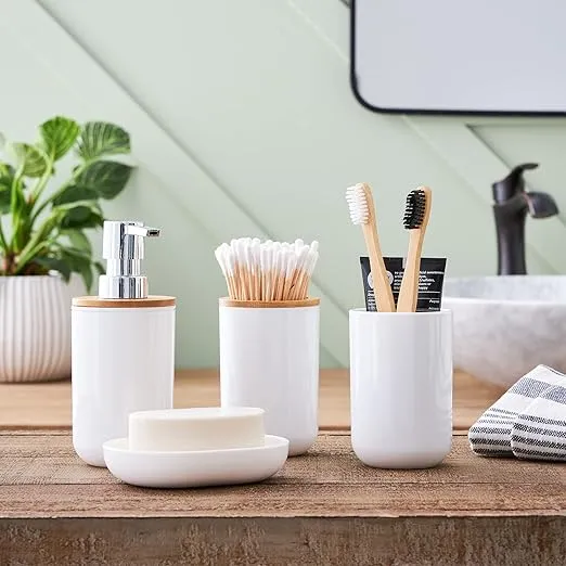 6-Piece Bathroom Accessories Set - Complete Set with Toilet Brush, Waste Bin, Soap Pump, Soap Dish, Toothbrush Holder and Cup by Home-Complete (White)