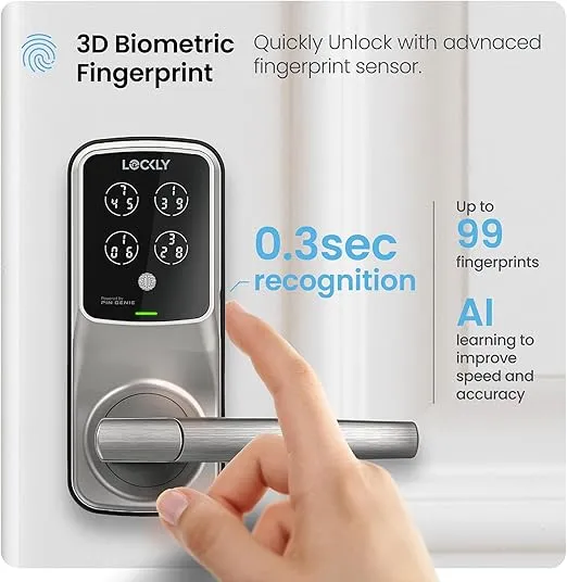 Lockly Secure Pro, Wi-Fi Smart Door Lock, Keyless Entry Door Lock, PIN Genie® Keypad, 3D Biometric Fingerprint Sensor, Voice Control, Auto Lock - Satin Nickel (PGD628WSN) - Latch Edition