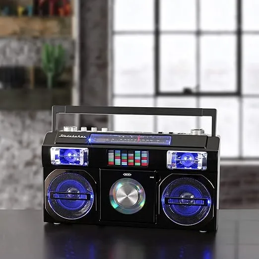 Studebaker SB2145B 80's Retro Street Bluetooth Boombox with FM Radio, CD Player, LED EQ, 10 Watts RMS Power and AC/DC