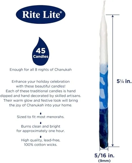Rite Lite Premium Dripless Blue & White Hanukkah Candles - Bulk Value Pack of 45 - Decorative & Fits Most Menorahs Jewish Holiday Party Favors Accessories Decorations for All 8 Nights of Chanukah