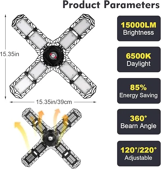 4 Pack LED Garage Light, Super Bright Screw in E26/E27 Ceiling Shop Work Lamp, 200W 20000 Lumen Deformable Basement Bulb Fixture with 8 Adjustable Panels