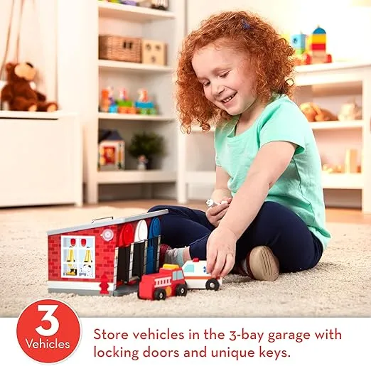 Melissa & Doug Toy Keys and Cars Wooden Rescue Vehicles and Garage (7 pcs) Red, for 36 months to 72 months