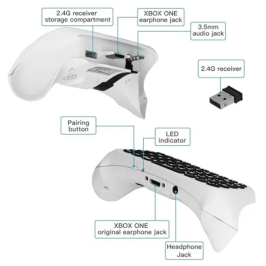 MoKo Green Backlight Keyboard for Xbox One Controller, Xbox Series X/S, Wireless Gaming Chatpad Keypad with USB Receiver&3.5mm Audio Jack, Xbox Accessories for Xbox One/One S/Elite/2 Controller, White