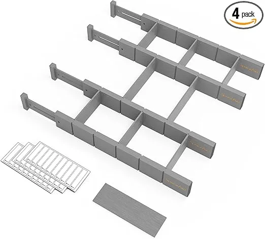 SpaceAid Bamboo Drawer Dividers with Inserts and Labels, Kitchen Adjustable Drawer Organizers, Expandable Organization for Home, Office, Dressers, 4 Dividers with 9 Inserts (17-22 in, Gray)