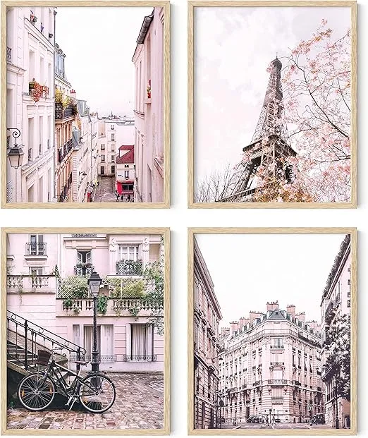 HAUS AND HUES Pink Paris Wall Decor Set of 4 Paris Wall Art and Paris Themed Bedroom Decor | Paris Decor for Bedroom, Paris Poster, Preppy Room Decor, Paris Bathroom Decor (8" x 10", UNFRAMED)
