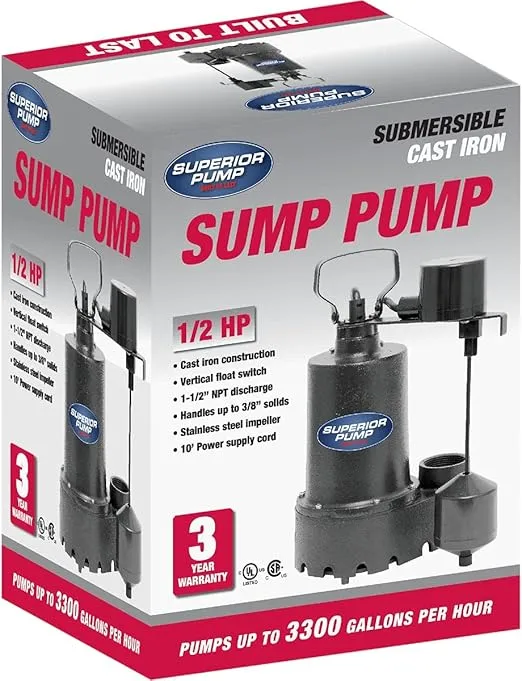 Superior Pump 92541 1/2 HP Cast Iron Sump Pump with Vertical Switch