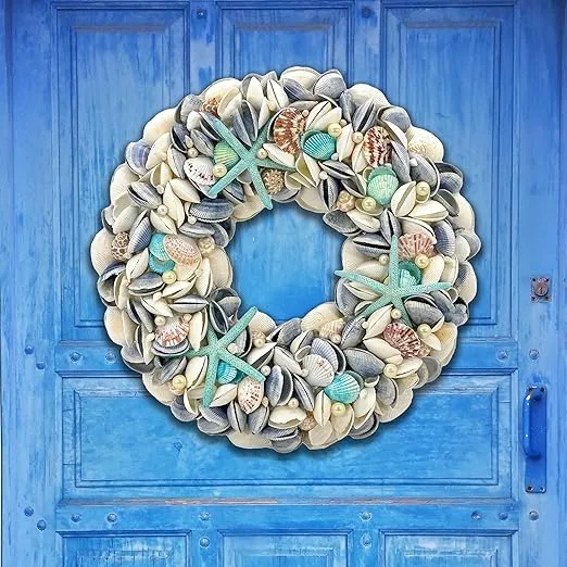 Galt International 18" Nautical Seashell Wreath, Blue | Coastal Beach Floral Home Decor Indoor Outdoor Real Starfish Pearl Seashells