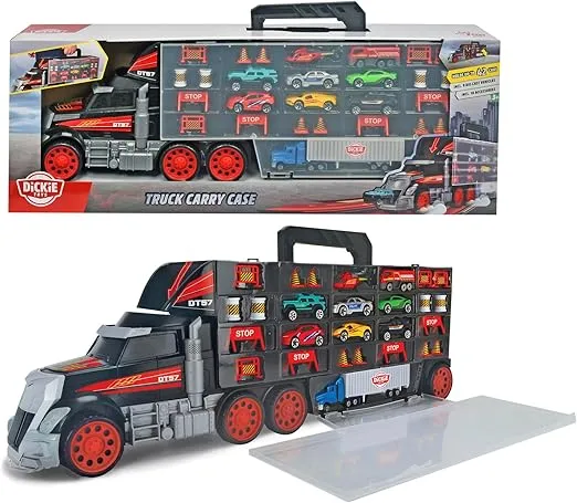 DICKIE TOYS - Truck Carry Case Playset | 1:64 Scale Diecast | Hold up to 42 Cars | Includes 7 Cars, Helicopter, Big Rig and 18 Accessories | Ages 3+