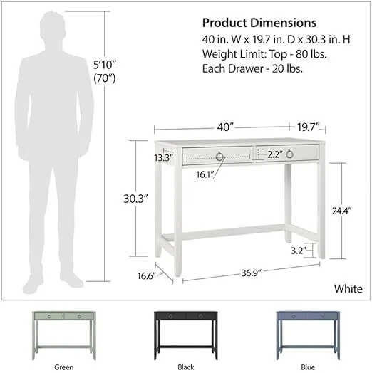 Novogratz Her Majesty 2-Drawer Writing Desk, Blue