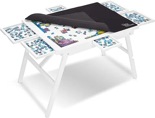 Jumbl 1500-Piece Puzzle Table w/Cover | 27” x 35” Jigsaw Puzzle Board w/Legs 6 Removable Storage & Sorting Drawers | Smooth Plateau Fiberboard Work Surface & Reinforced Hardwood | for Games & Puzzles