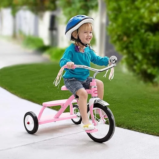 Radio Flyer Classic Style Steel Framed Dual Deck Kids Tricycle Ride with 12 Inch Spoked Front Wheel, Handlebar Bell, and Streamers, Pink
