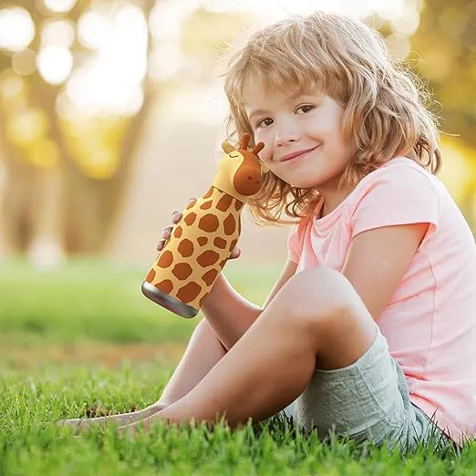 asobu Bestie Bottle Insulated Stainless Steel Water Bottle with Detachable Soft Animal Head Fun Drinking For Kids and Teens16 Ounce with Flexible Reusable Straw (GIRAFFE)