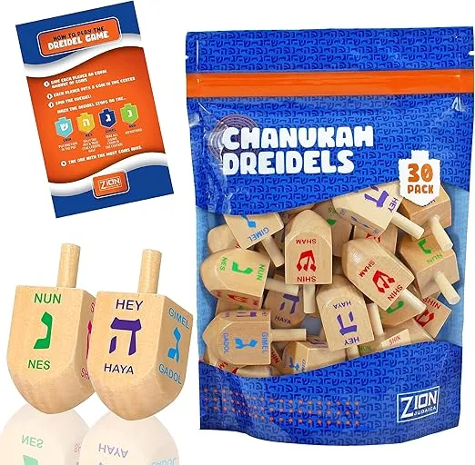 Zion Judaica Wood Dreidels Medium Sized Bulk Pack Wooden Hanukkah Dreidles in Ziplock Bag Chanukah Fun Game (30 Pack)