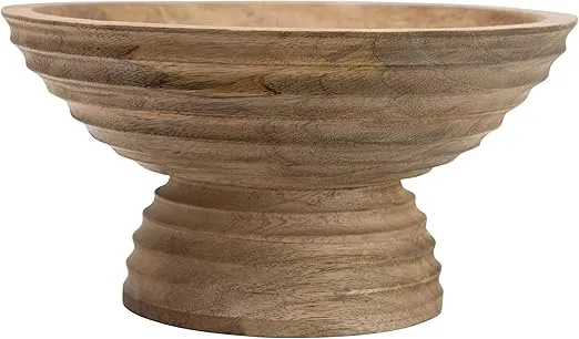 Creative Co-Op DF2440 Ridged Mango Wood Footed Bowl, Brown, 5 quarts, Large