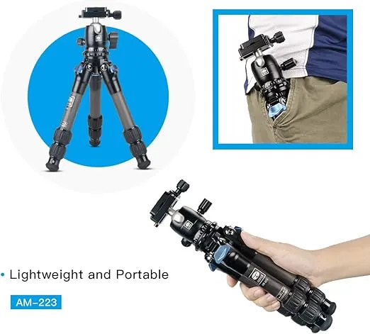 SIRUI AM-223 Carbon Fiber Camera Tripod Mini Travel Compact Tripod with 360° B-00K Ball Head, Arca Swiss Quick Release Plate, Loads up 15KG, Max Height 16", Folded Height 12.1",Black