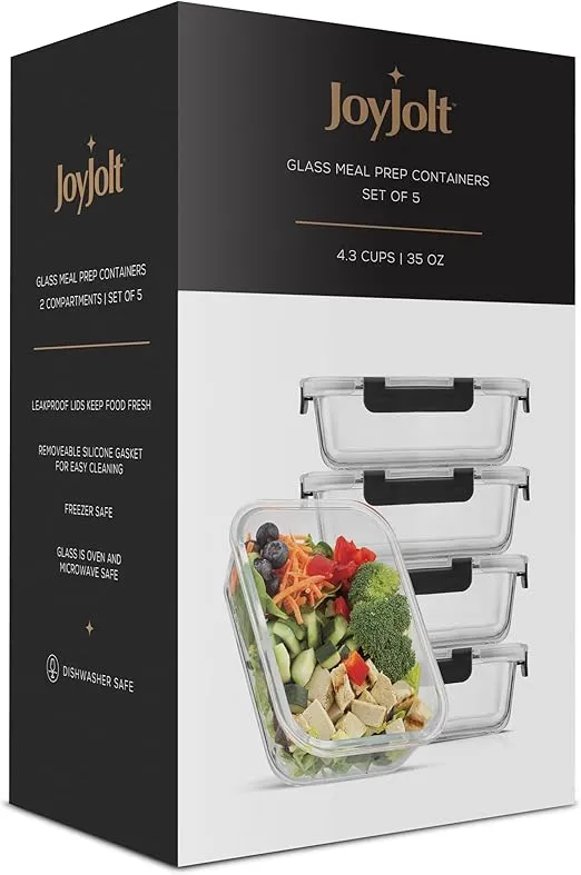 JoyJolt Glass Food Storage Containers with Lids. 5 Pack Glass Meal Prep Containers Reusable 35oz Single Compartment Airtight Container Set. Lunch Containers for Adults and Kitchen Storage Containers
