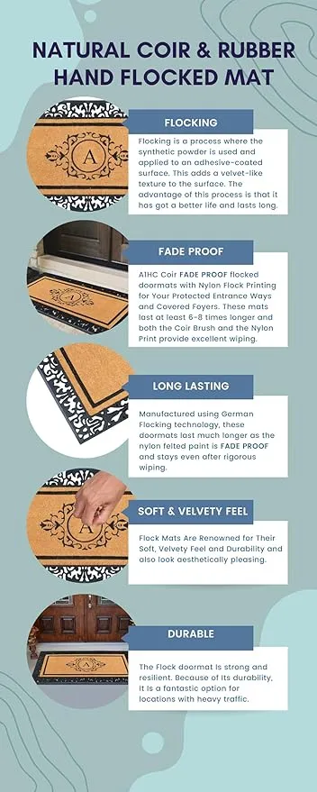A1HC Natural Coir Monogrammed Hand Flocked Door Mat, Heavy Duty Welcome Doormat, Anti-Shed Treated Durable Doormat for Door Entrance, Thin Profile, Long Lasting Front Porch Entry Doormat