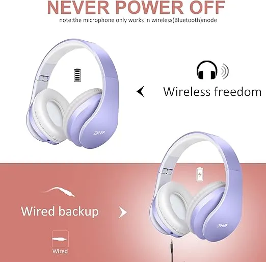 ZIHNIC Bluetooth Headphones Over-Ear, Foldable Wireless and Wired Stereo Headset Micro SD/TF, FM for Cell Phone,PC,Soft Earmuffs &Light Weight for Prolonged Wearing (Purple)
