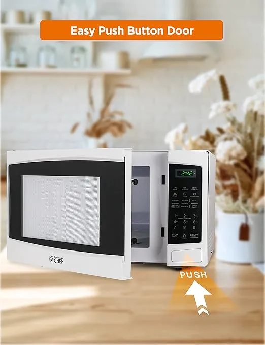 COMMERCIAL CHEF 1.1 Cu Ft Microwave with 10 Power Levels, Microwave 1000W with Push Button Door Lock, Countertop Microwave with Microwave Turntable and Digital Controls, White