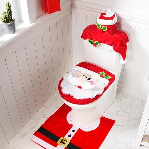 JOYIN 2 Set 5 Pieces Christmas Theme Bathroom Decoration Set w/Toilet Seat Cover, Rugs, Tank Cover, Toilet Paper Box Cover and Santa Towel for Xmas Indoor Décor, Party Favors (Santa & Snowman)