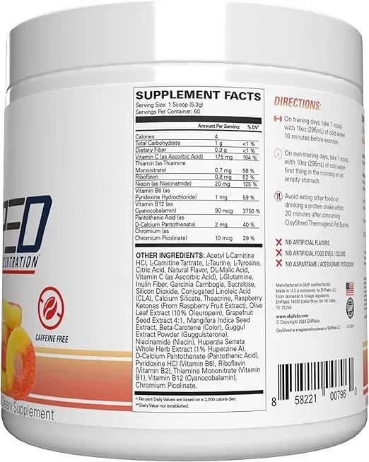EHP Labs OxyShred Non Stimulant Pre Workout Powder - Stim Free Pre Workout, Caffeine Free Preworkout for Men & Women with L Glutamine & Acetyl L Carnitine - Peach, 60 Servings