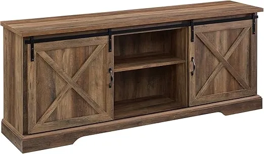 Walker Edison Corbin Modern Farmhouse TV Stand, Sliding X Barn Door, For TVs Up To 80 Inches, 70 Inch, Reclaimed Barnwood, Rustic Oak
