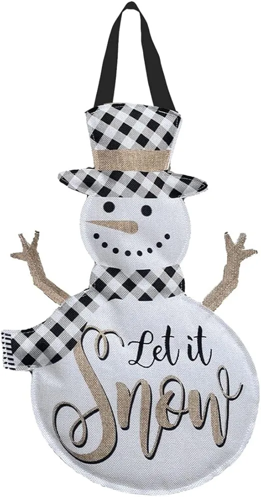 Checkered Snowman Winter Burlap Door Hanger Embroidered 13" x 20" Briarwood Lane