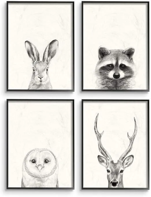 Stupell Industries Woodland Animals Portrait Grey Drawing Design, Designed by Victoria Borges Wall Art, 4pc, Each 11 x 1.5 x 14, Black Framed