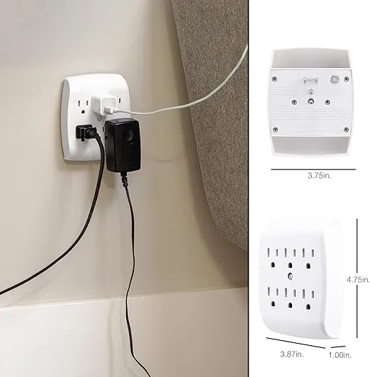 GE 6-Outlet Extender Wall Tap, Grounded Adapter, Outlet Splitter, Charging Station, 3-Prong, Secure Install, UL Listed, White, 54947